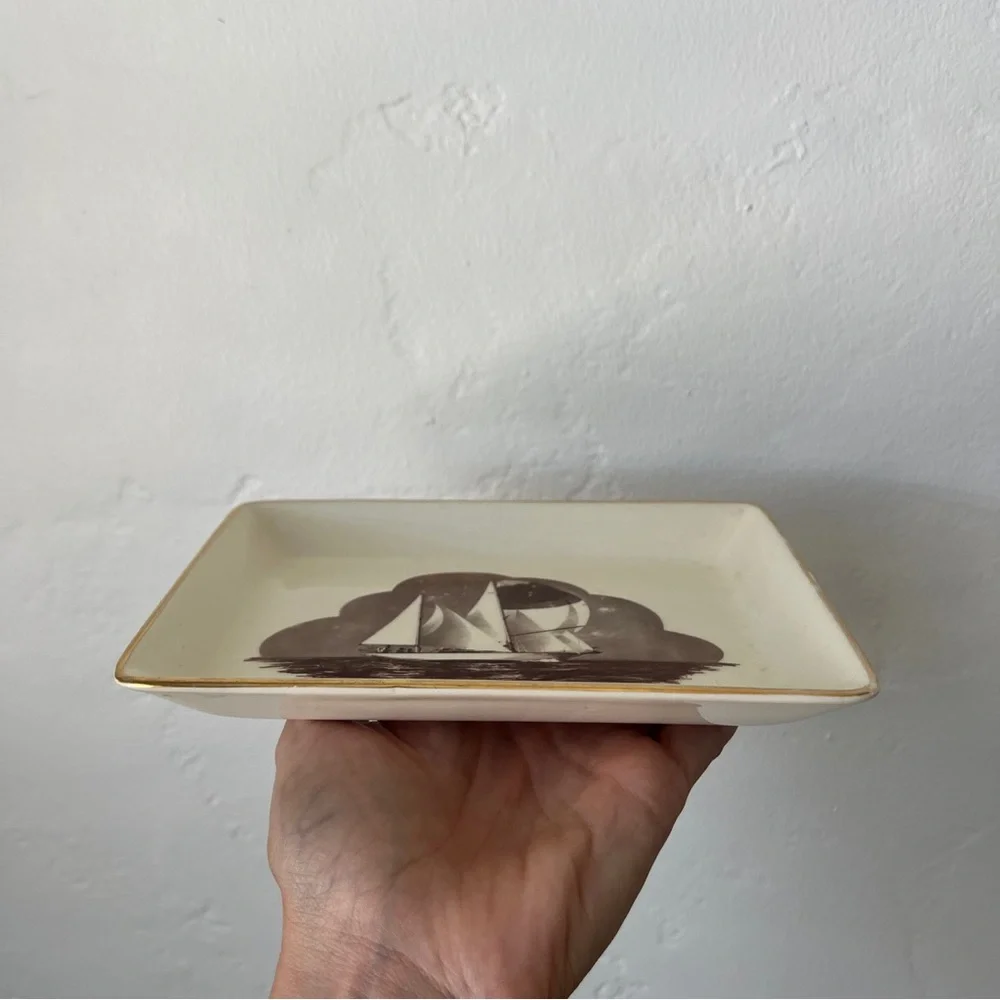 Vintage MCM Sailboat trinket dish decorative plate gilded Delano Studios 1965